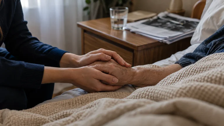 Mãos de uma familiar segurando a mão de uma pessoa idosa em uma cama hospitalar dentro de casa.