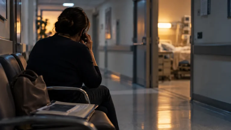 Filha fala ao celular no corredor do hospital depois que o plano negou home care