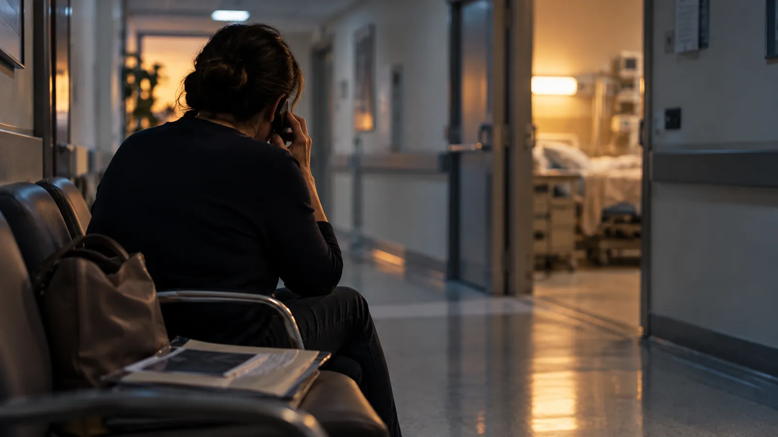 Filha fala ao celular no corredor do hospital depois que o plano negou home care