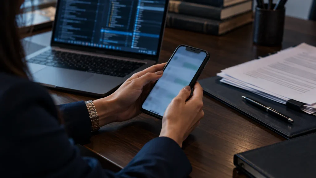 Advogada analisa uma conversa no celular, ao lado de um notebook com dados técnicos.